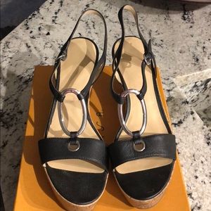 Women’s Black Leather Ankle Strap Cork Wedge